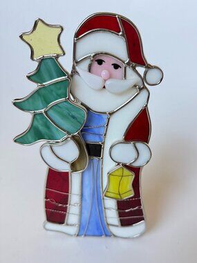 Santa Claus Suncatcher Stained Glass Vintage Tree Lantern Candle Holder Tealight